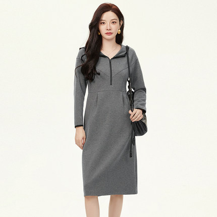 Outlets专柜撤柜正品 ZK秋装2025新款休闲风连帽中长裙微弹连衣裙