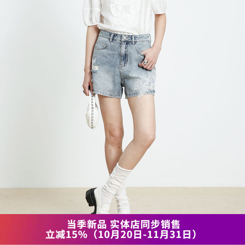 休闲高腰破洞牛仔短裤