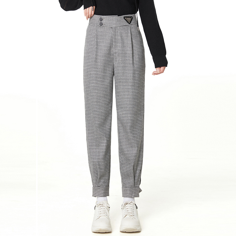 松紧腰长裤格纹休闲裤
