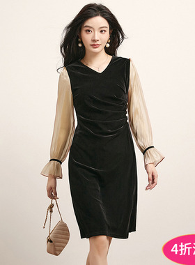 Outlets专柜撤柜正品 汉货精品HH秋装新款舒适绒感修身中裙连衣裙