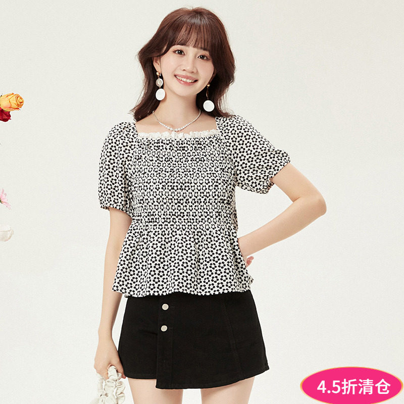 2025年夏装Outlets专柜 高端TS系列清新碎花五分袖系带设计衬衫女