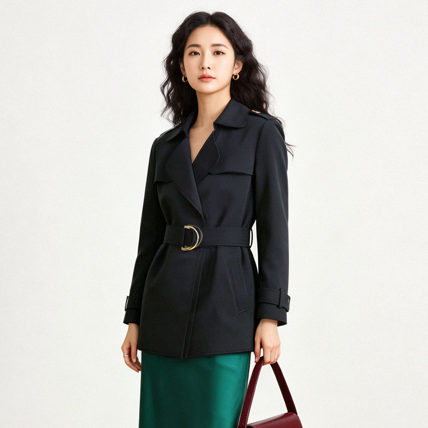 奥莱专柜正品 GQ秋装2026新款 金属装饰纯色中长款百搭风衣外套女