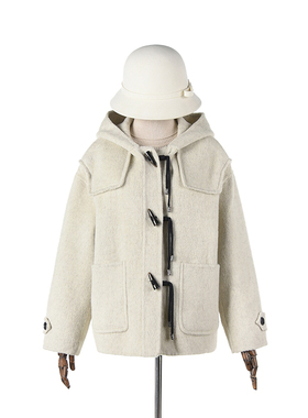 2025年冬Outlets正品 高端HE系列含澳毛连帽双面尼毛呢外套大衣女