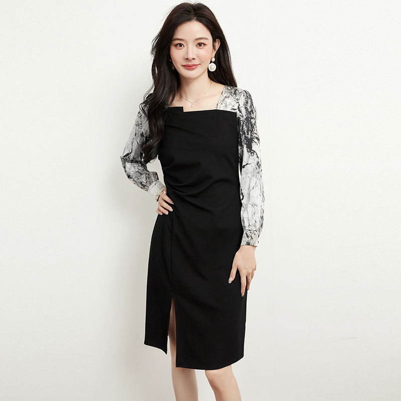 Outlets专柜撤柜正品 汉货精品HH秋装新款撞色拼接修身中裙连衣裙