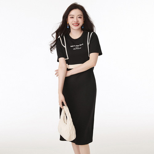 拼色短袖中长连衣裙女