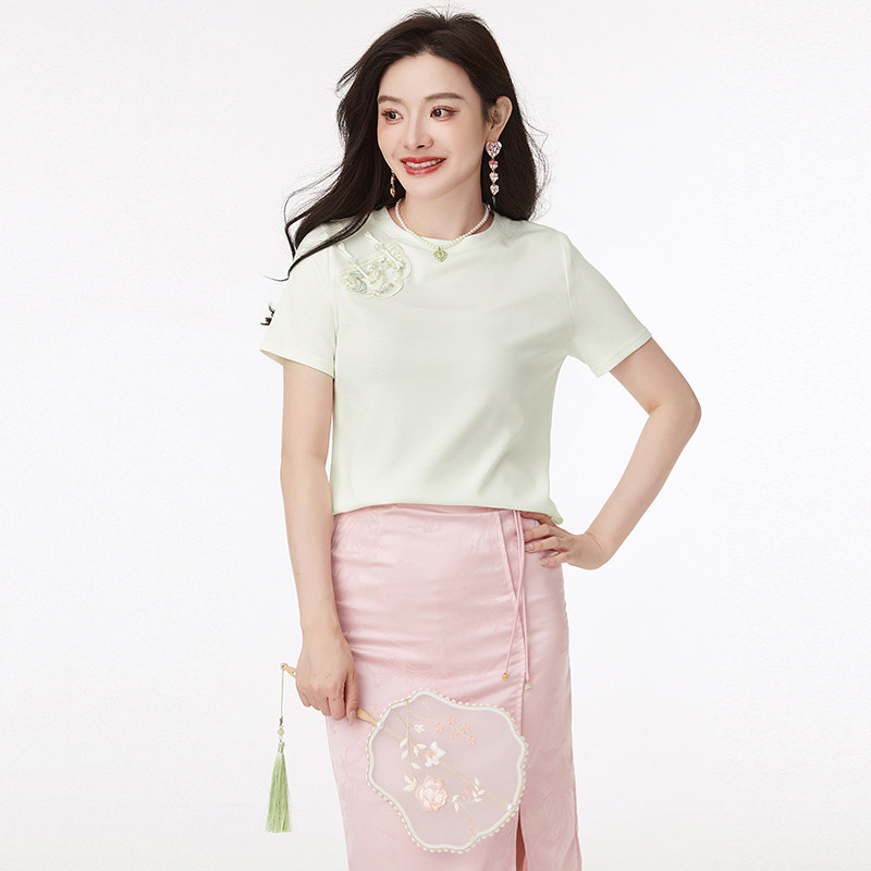 奥莱专柜品牌撤柜正品 UE夏装2025新款刺绣图案短袖套头圆领T恤女