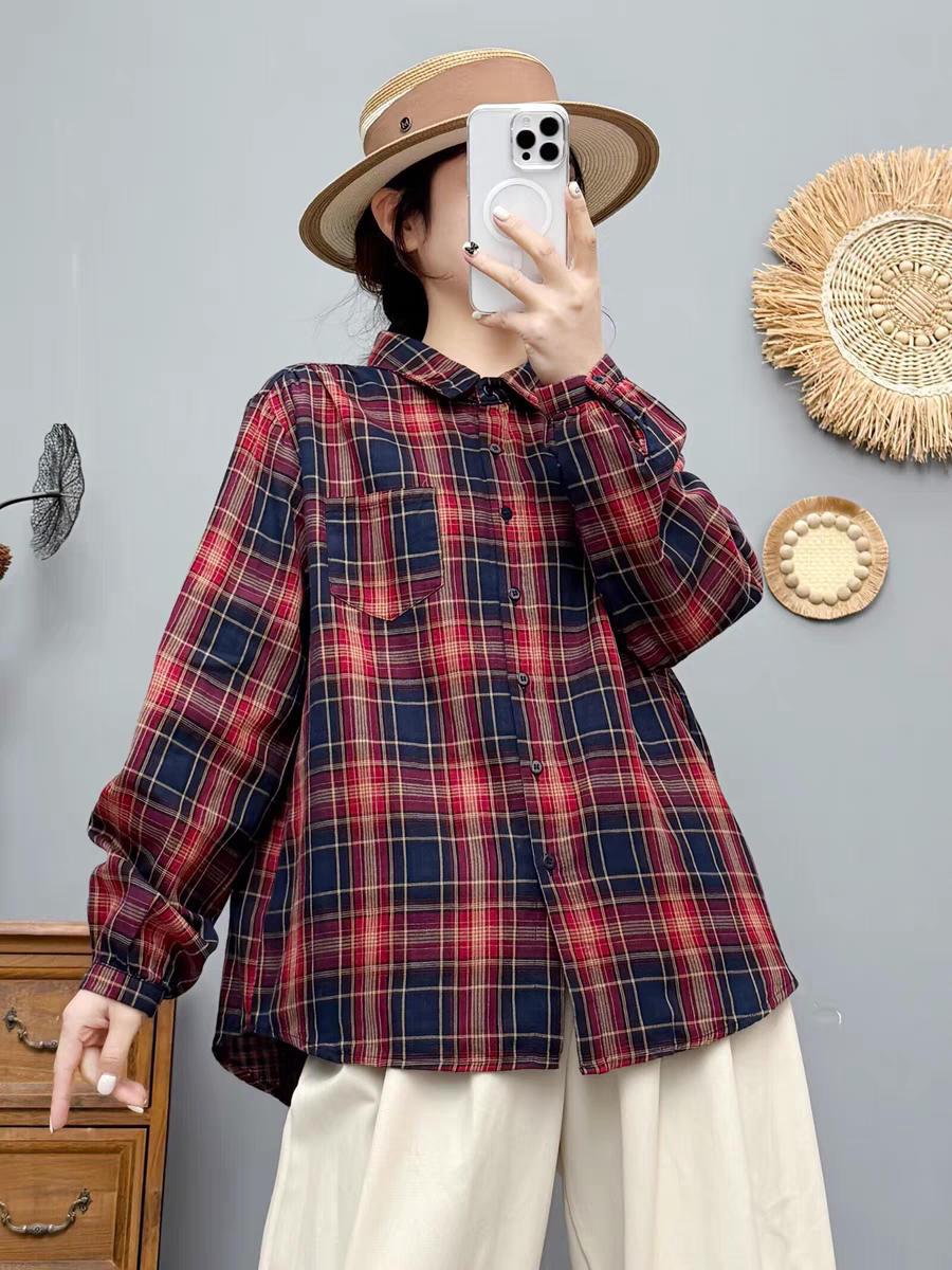 2025春秋新款全棉格子长袖衬衫女文艺休闲衬衣叠穿打底上衣百搭潮