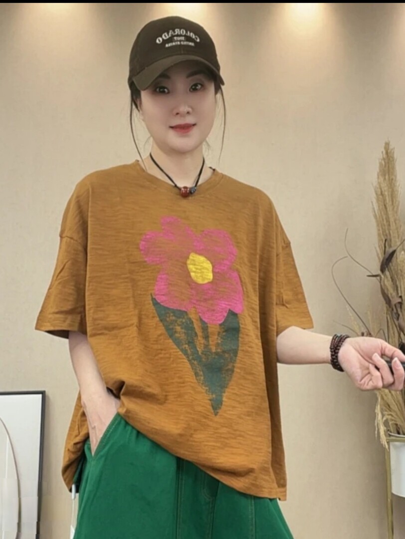 复古印花竹节棉短袖T恤女夏季新款套头衫宽松显瘦百搭圆领上衣