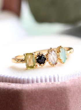 日系春季925银镀10k金小清新多色彩石宝石戒指 天然橄榄石拉长石