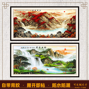 中式大幅山水画旭日东升沙发背景墙画自粘贴鸿运当头挂画画芯打印