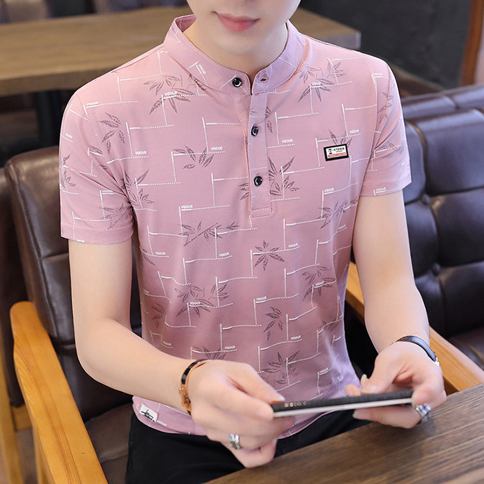 男士t恤短袖纯棉立领修身印花装衣服2025夏季男新款潮流半袖体恤T