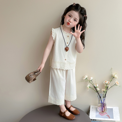 女童夏季棉麻套装2026新款女宝宝小清新背心阔腿裤洋气薄款两件套