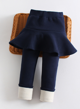 女童冬装加绒儿童打底裤灰色假两件裤裙一体绒加厚外穿款裙裤藏青
