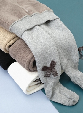 女童加绒打底裤一体绒白色春秋冬加厚连裤袜灰色打底袜外穿裤公主