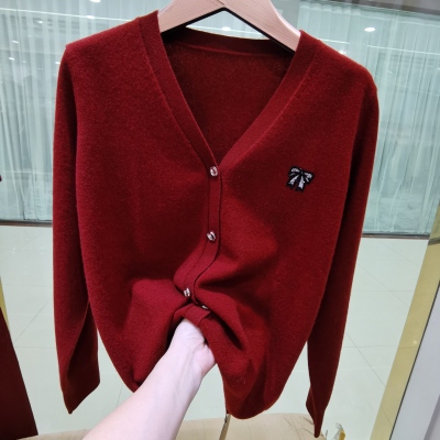 商场同款2025年新款红色全羊毛毛衣开衫针织外套女爆款洋气上衣