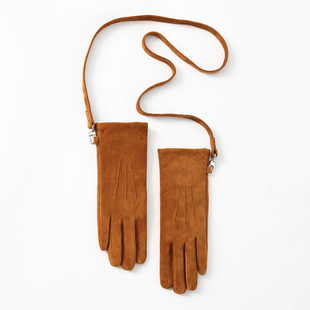 设计师款复古反绒小羊皮真皮挂脖皮手套女士加绒骑行开车保暖防寒