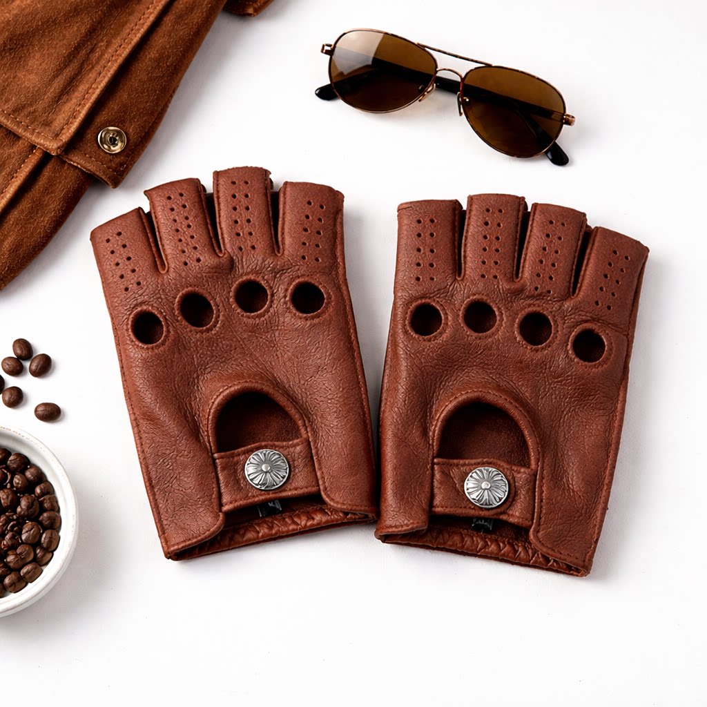 定制款机车鹿皮骑行手套男摩托车半指真皮手套复古骑士驾驶手套女
