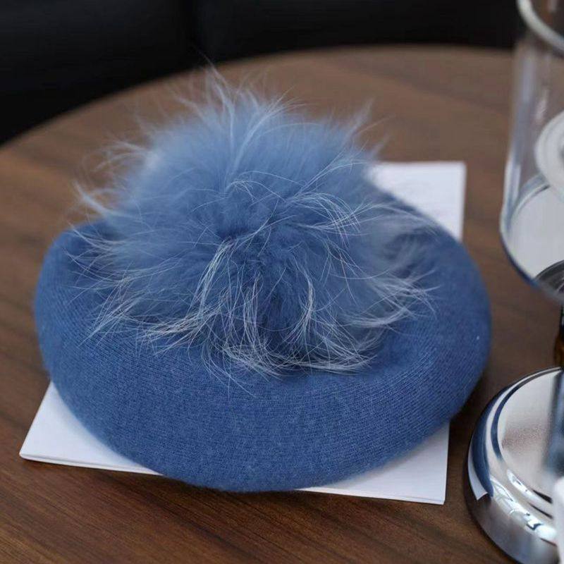 复古英伦风贝雷帽女士貉子皮草球球兔毛线混纺针织春秋冬季画家帽