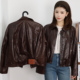女装 琥珀棕色经典 廓形复古机车风真皮皮衣绵羊皮夹克外套女士大码