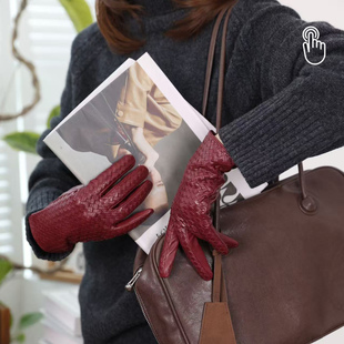 ins秋冬安哥拉酒红编织羊皮真皮手套女士薄款 保暖开车骑行车触屏