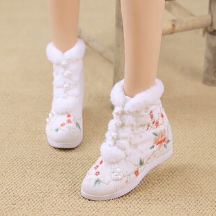 短靴古风皂靴绣花布靴旗袍鞋 汉服靴冬季 加绒民族风女靴中国风唐装