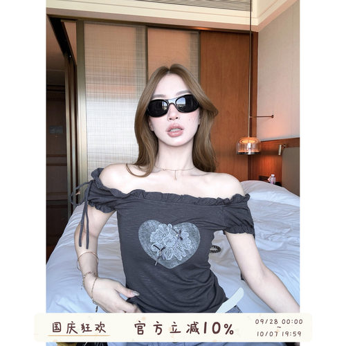 千禧风y2k木耳花边领短袖系带T恤