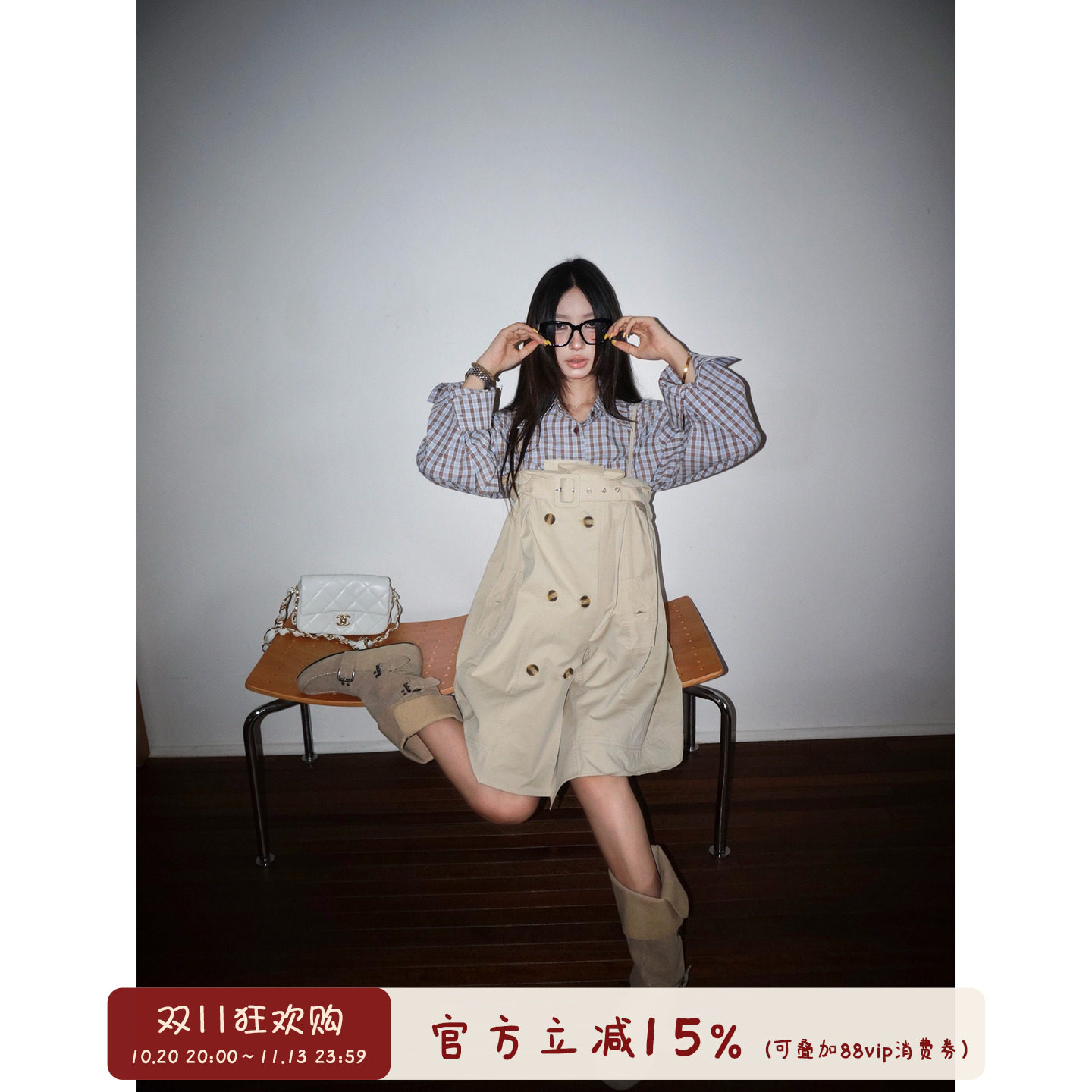 oooodd  双排扣抹胸吊带裙女法式气质日常度假卡其色中长裙2026新