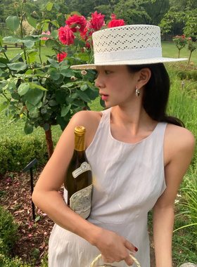 “小香女孩”白色平顶fever同款小香风百搭度假沙滩遮阳气质草帽