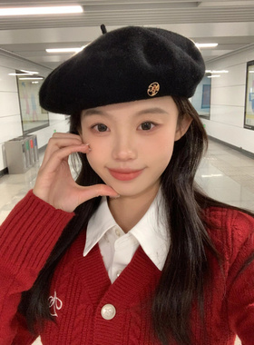 韩国东大门秋冬新品ins博主小众设计款金属mfg百搭贝雷帽画家帽女