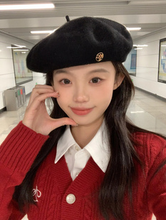 韩国东大门秋冬新品ins博主小众设计款金属mfg百搭贝雷帽画家帽女