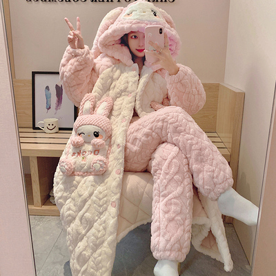 睡衣女款冬季珊瑚绒长袖三层夹棉