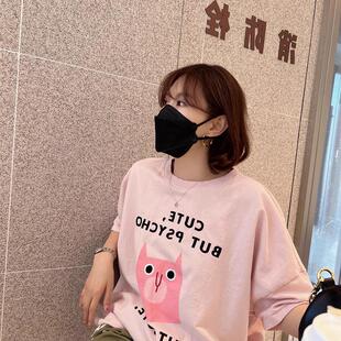 韩国东大门女装秋季童趣可爱粉色卡通小猫印花刺绣字母短袖T恤女