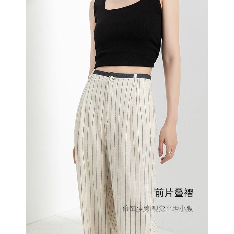 文艺竖条纹亚麻西装阔腿裤女春夏休闲裤