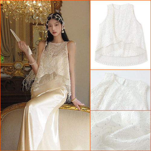 新中式名媛风手工串珠流苏珍珠上衣轻奢高级感无袖设计N8059