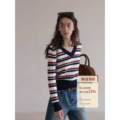 EGGKA覆古条纹V领毛针织