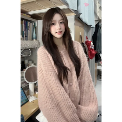 韩系粉色长袖开衫毛衣女