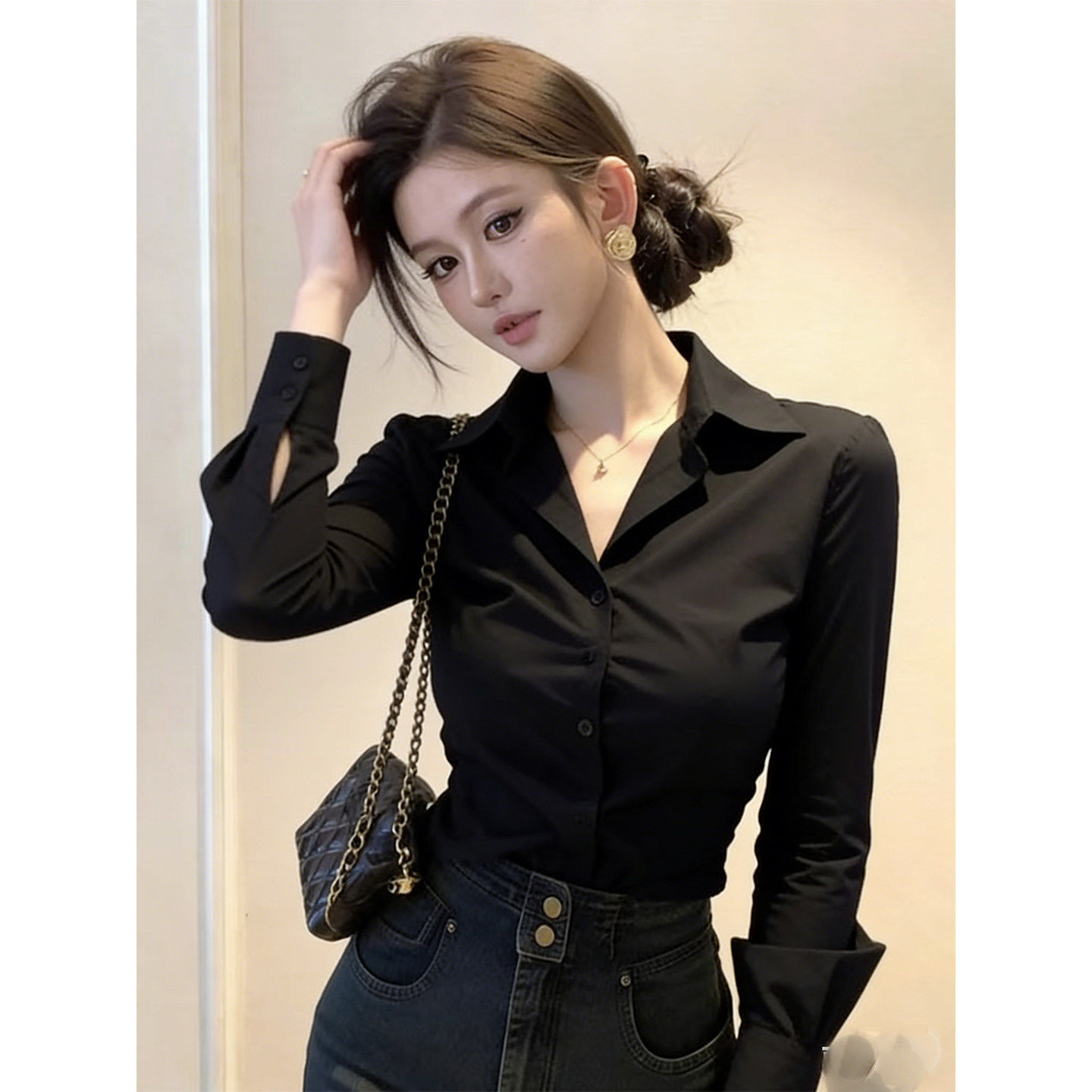 显瘦内搭通勤职业装上衣法式高级感黑色polo领长袖纽扣衬衫女修身