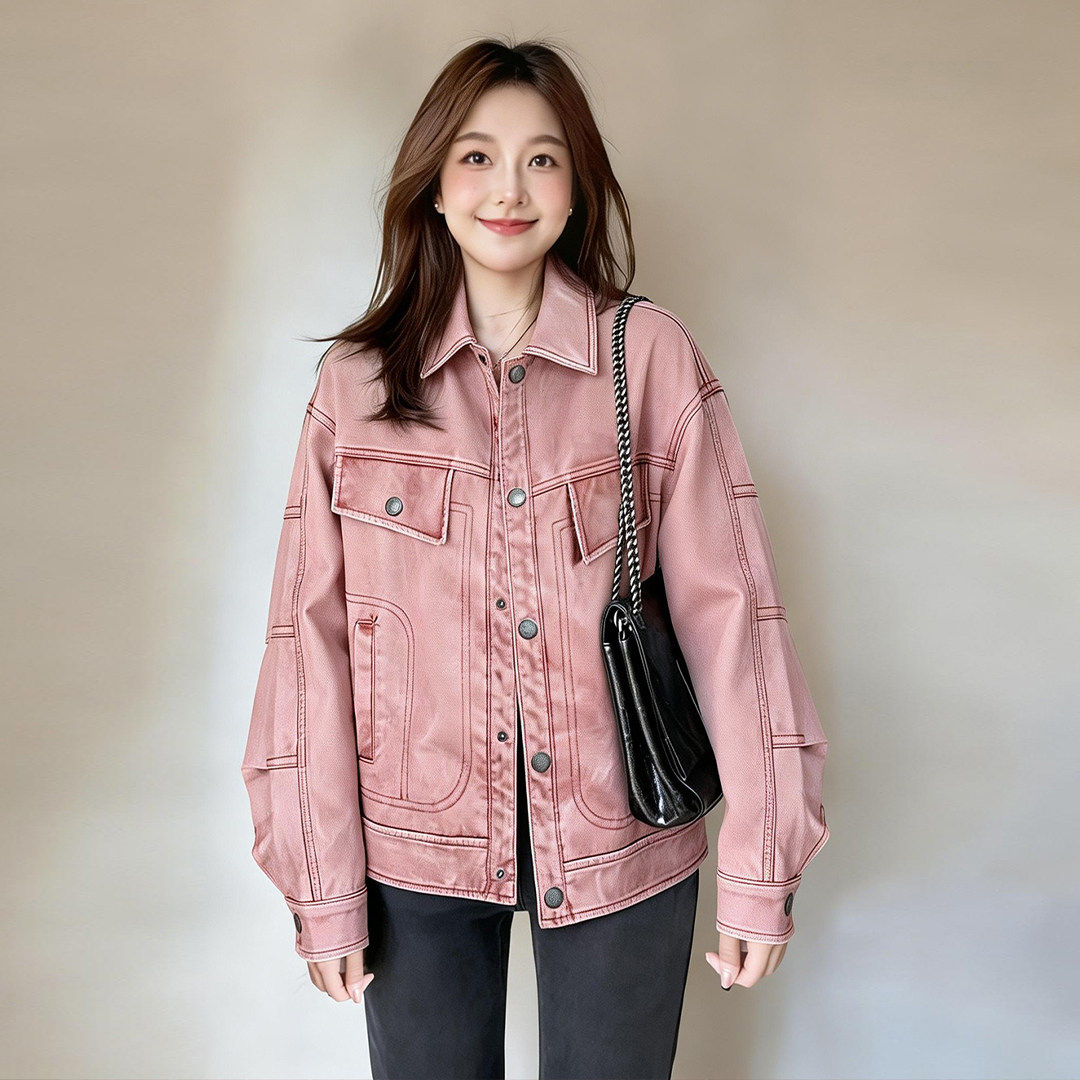 粉色美式复古翻领牛仔外套女2026春季新款高级感休闲短款夹克上衣