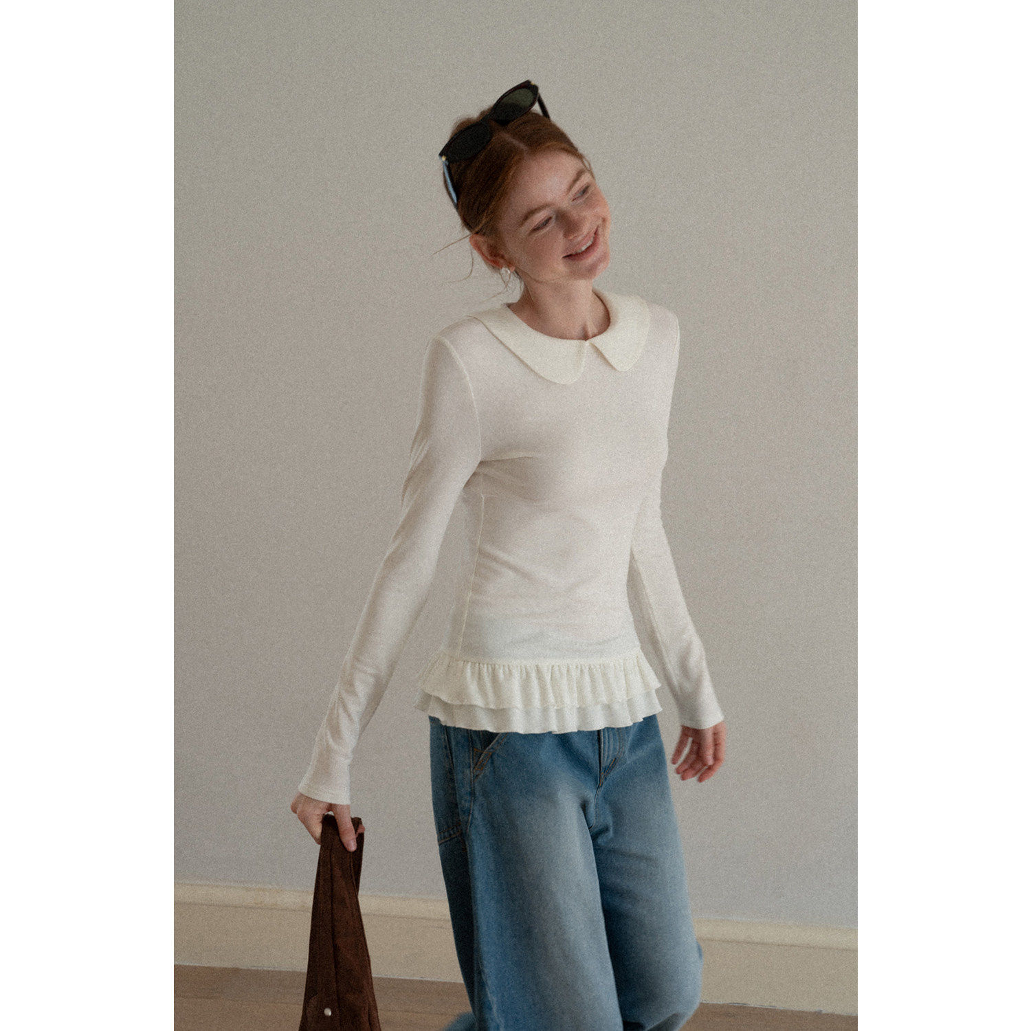 EGGKA白色娃娃领少女风温柔气质荷叶边磨毛T恤女修身显瘦内搭上衣