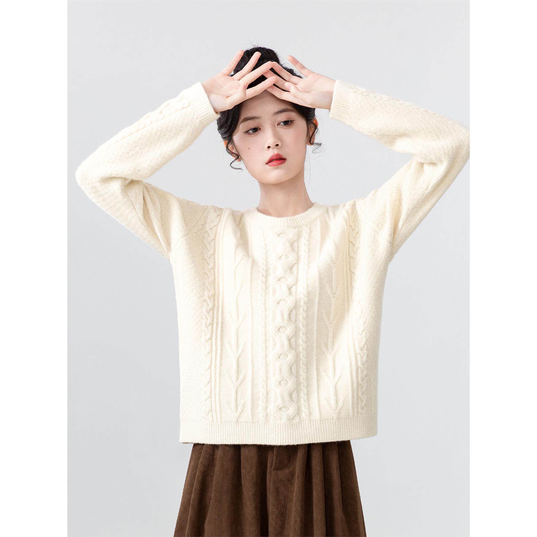 圆领麻花毛衣女2025年春秋新款套头软糯重工宽松慵懒风针织衫上衣