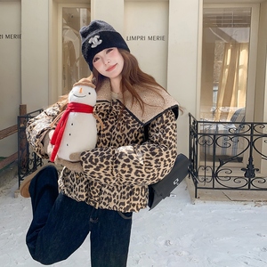 现货冬装 韩版豹纹羊羔毛拼接羽绒服外套202-5612-P365-K489，女装羽绒服，浙宝202