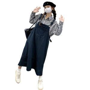 ootd穿搭日韩系牛仔背带连衣裙女春秋2025超火学院风长裙两件套装图片