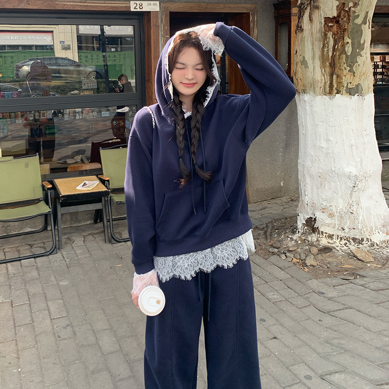 春装现货重工蕾丝花边连帽卫衣裤子两件套202-2510-P185K298,女装运动套装,浙宝202