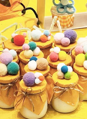 多巴胺甜品台摆件订婚蛋糕装饰彩色毛球黄色布丁杯封口纸小毛绒球