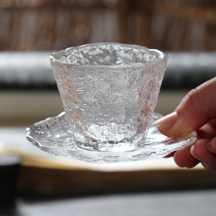 初雪品茗杯茶杯一口杯品茶杯小酒杯杯碟套装加厚锤纹玻璃白酒杯