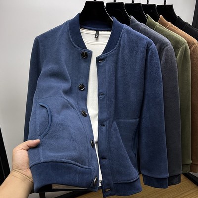 纽扣棒球领摇粒绒卫衣外套男秋冬季复古加绒加厚抓绒衣开衫男外穿