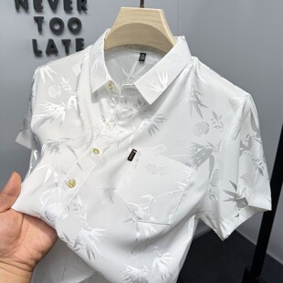 短袖衬衫男薄款冰丝凉感夏季男士中国风提花中年休闲商务半袖衬衣