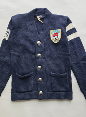 HYDROGEN男士复古徽章刺绣V领针织开衫毛衣藏蓝色纽扣衫