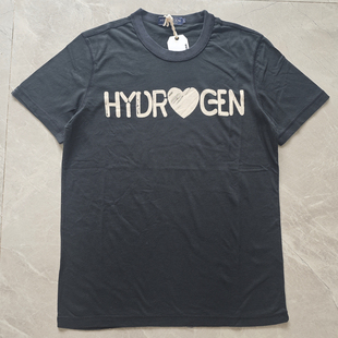 HYDROGEN夏季男装短袖T恤圆领修身半袖上衣纯棉印花黑色短T