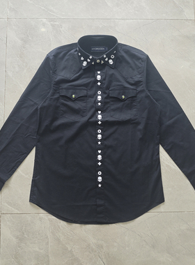 HYDROGEN男装长袖衬衫衬衣骷颅头刺绣修身时尚潮上衣黑上衣春秋款